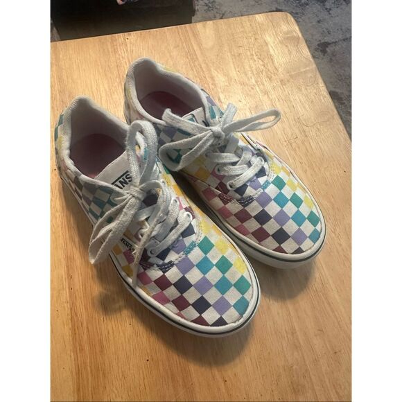 Vans Missy Girl's Multicolor Checkerboard Rainbow Lace-up Sneakers Size 1 - Picture 1 of 8